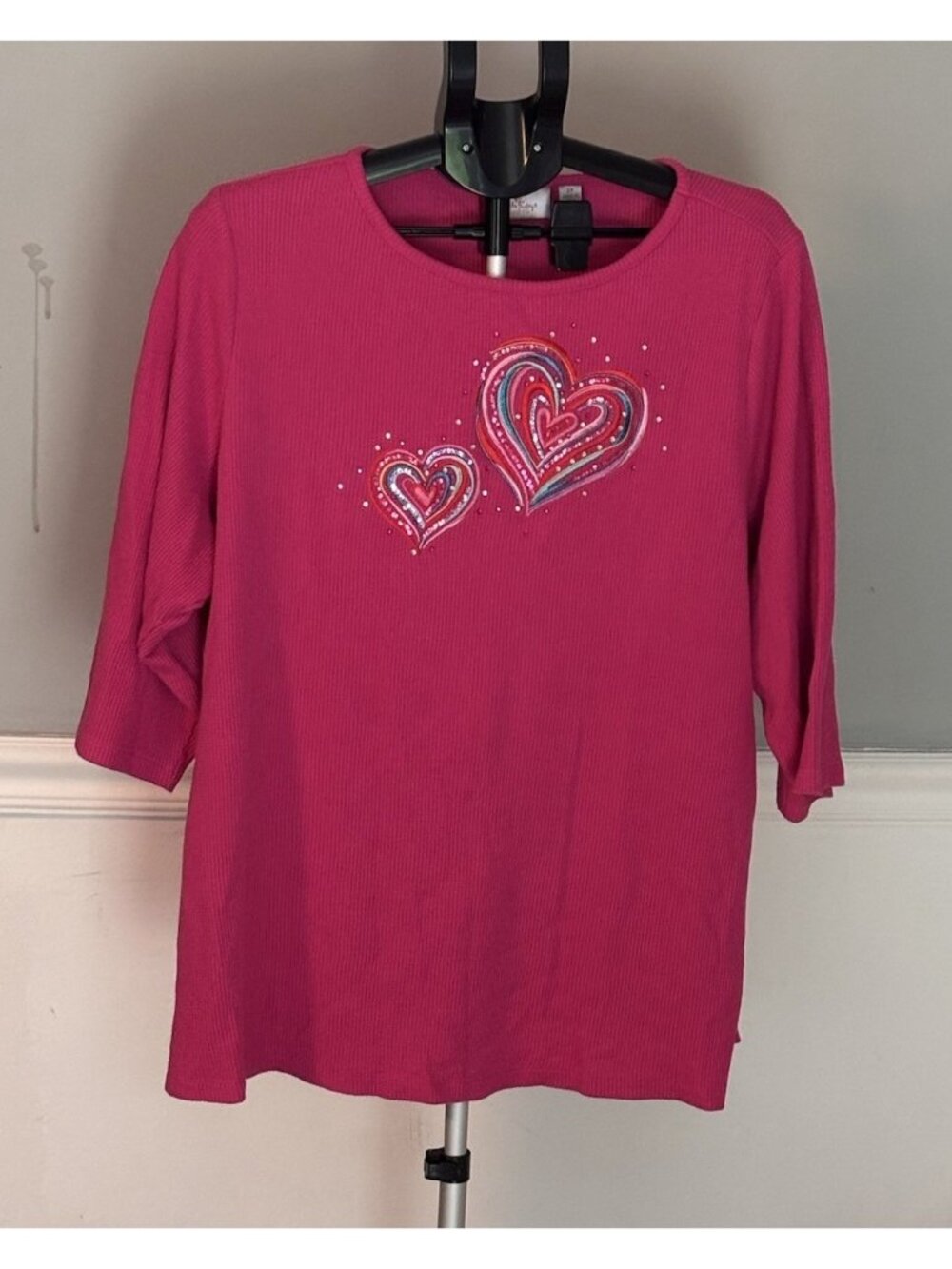 Quacker Factory Pink Shirt Top Hearts Sequined Plus Size 2X Thermal Style